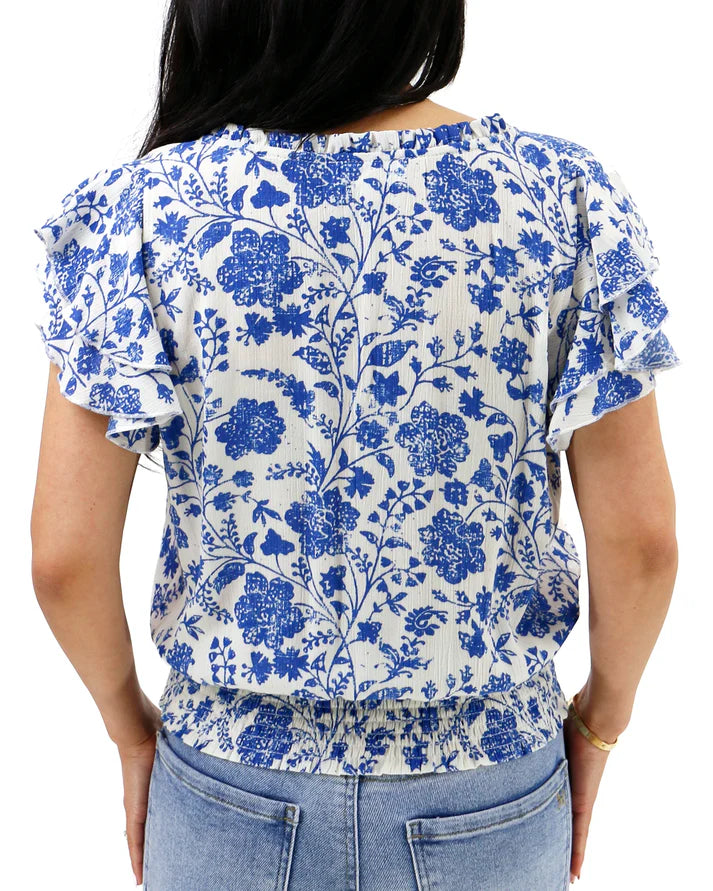 Ruffle Sleeve Smocked Wasit Top in Toile Print