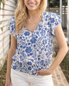 Ruffle Sleeve Smocked Wasit Top in Toile Print