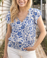 Ruffle Sleeve Smocked Wasit Top in Toile Print