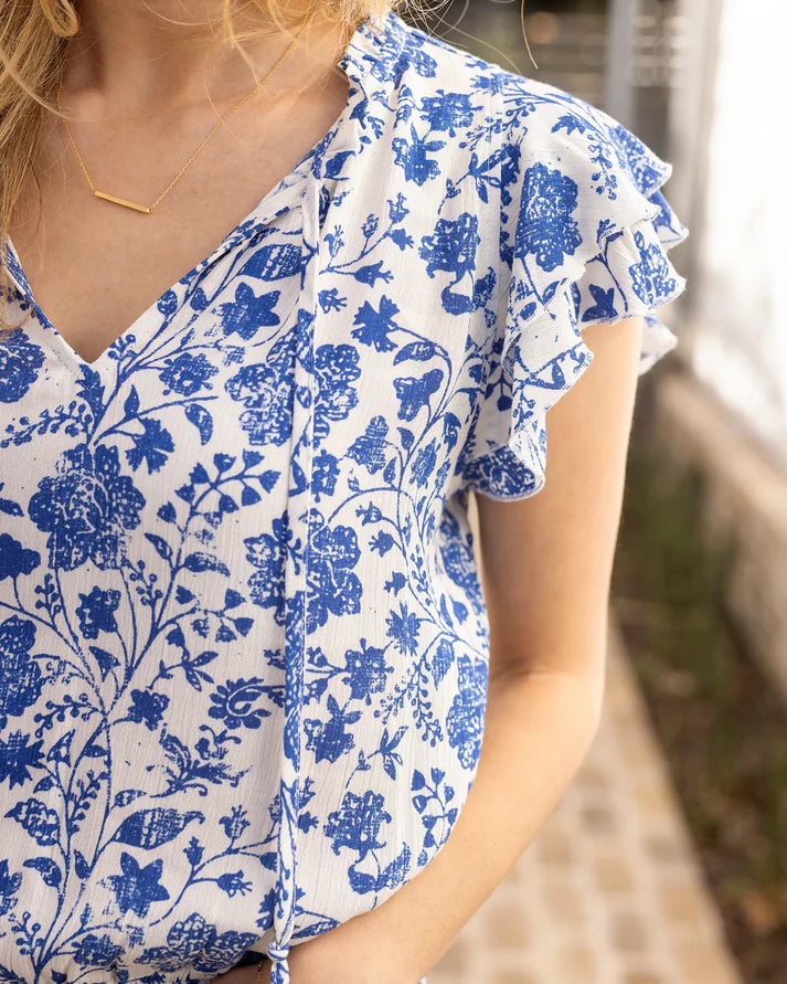 Ruffle Sleeve Smocked Wasit Top in Toile Print