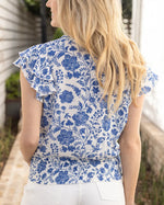 Ruffle Sleeve Smocked Wasit Top in Toile Print
