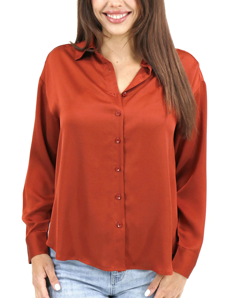 Satin Button Down Top Rust Sweet Boutique St. Albert