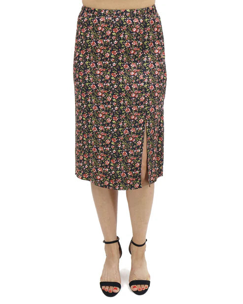 Satin Midi Floral Skirt - Black Ditsy