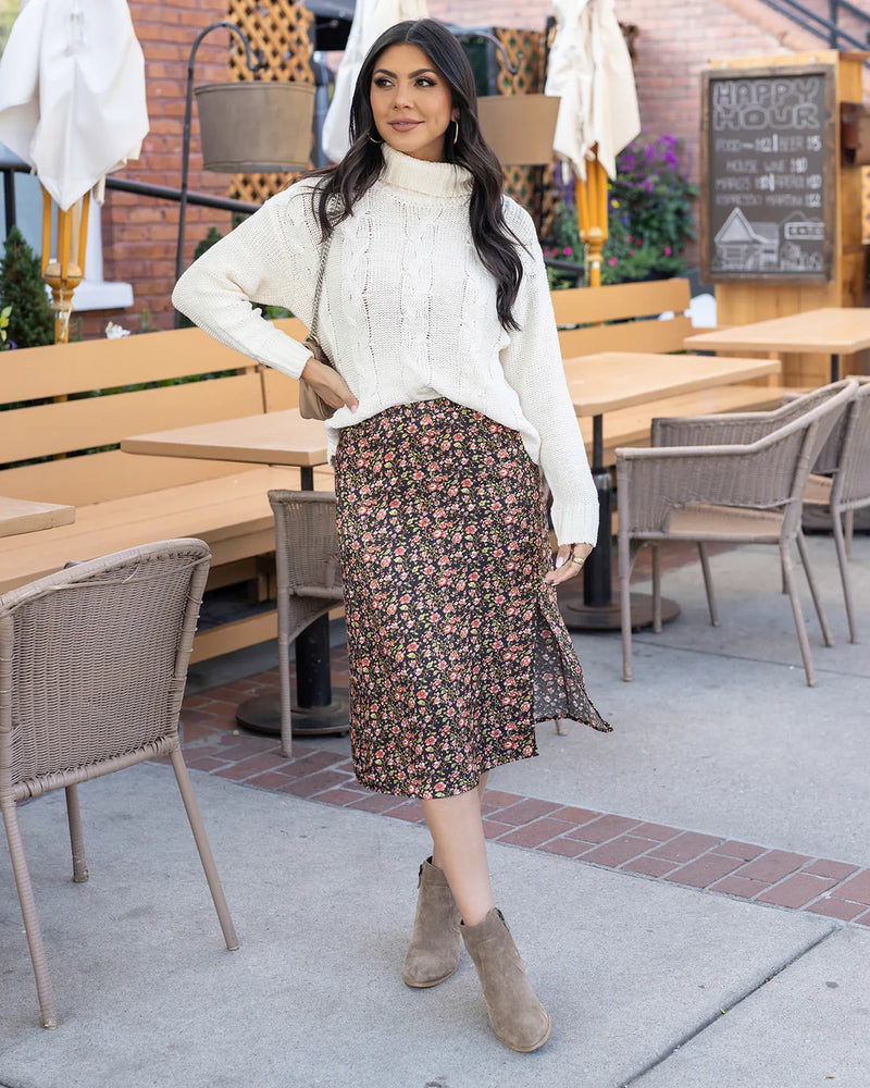 Satin Midi Floral Skirt - Black Ditsy