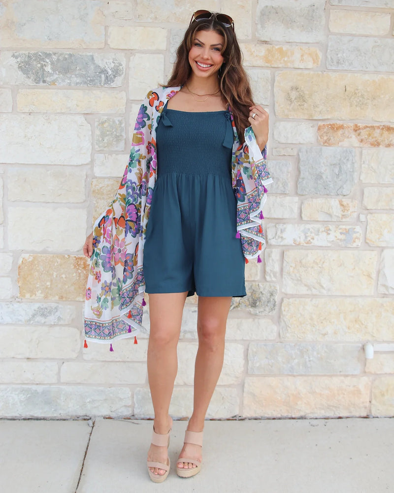 Shorts Smocked Romper - Teal