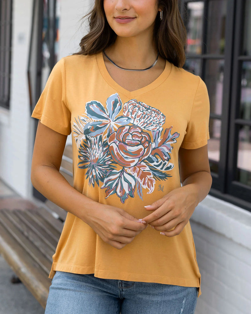 Sketched Floral Graphic Tee - Mustard Floral