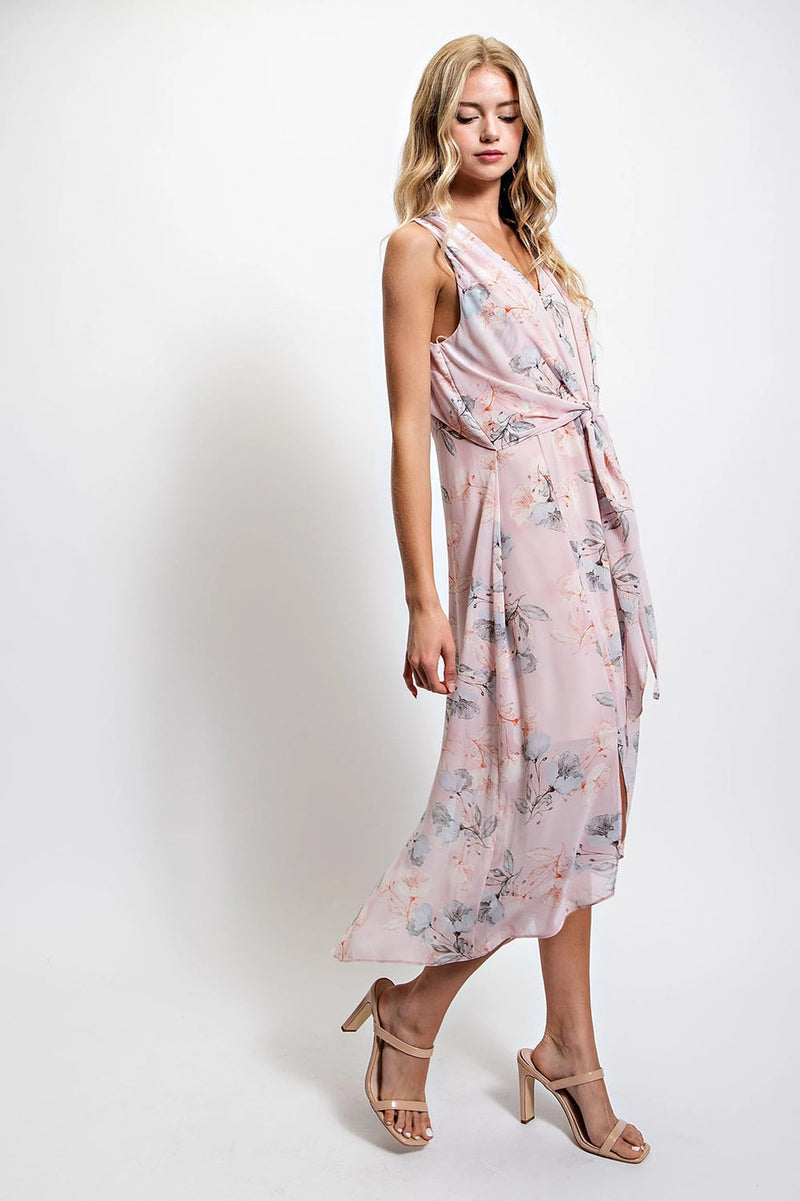 Draped Tie Front Dress - Pale Pink