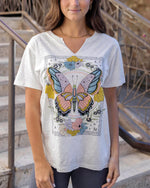 Butterfly Notched Neck Washed & Worn Graphic Tee