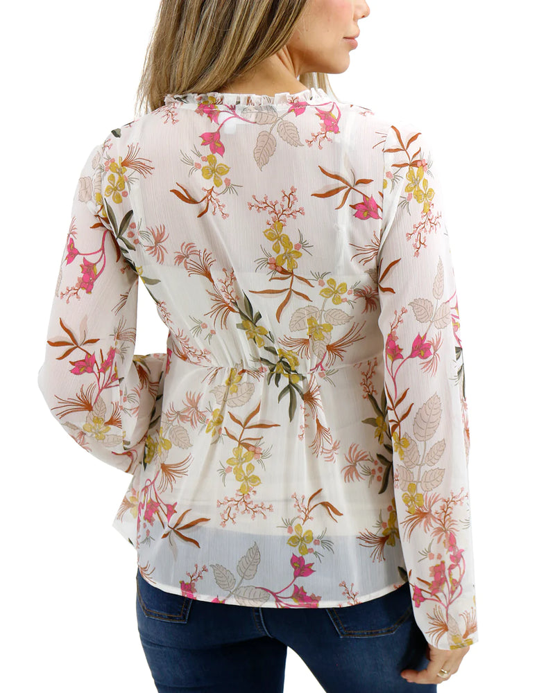 Whimsical Tie Front Blouse - Ivory Floral