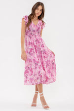 Floral Flutter Sleeve Midi Dress - Pink