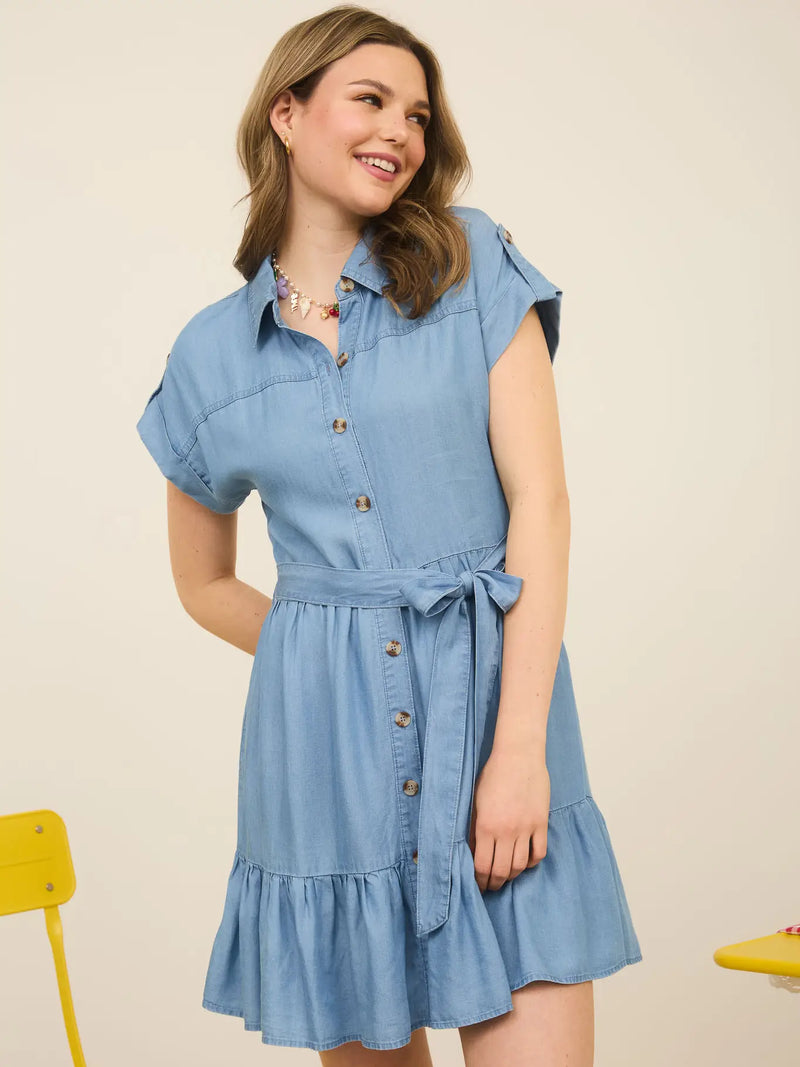 Chambray Ruffle Hem Belted Mini Shirt Dress