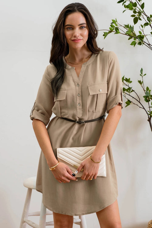 3/4 Sleeve Belted Mini Dress - Khaki