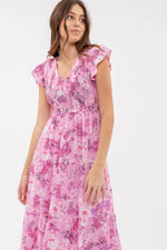 Floral Flutter Sleeve Midi Dress - Pink