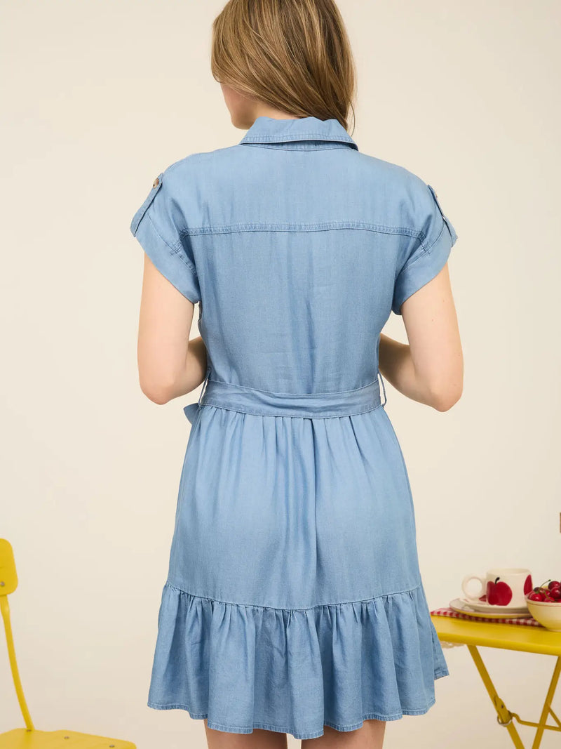 Chambray Ruffle Hem Belted Mini Shirt Dress