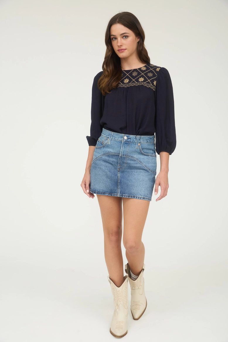 Embroidered Yoke Blouse Navy