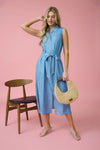 Collared Sleeveless Belted Chambray Midi Dress