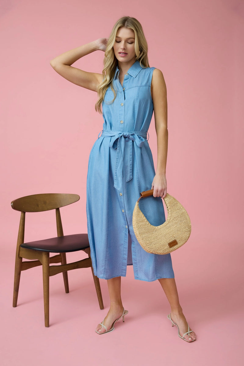 Collared Sleeveless Belted Chambray Midi Dress