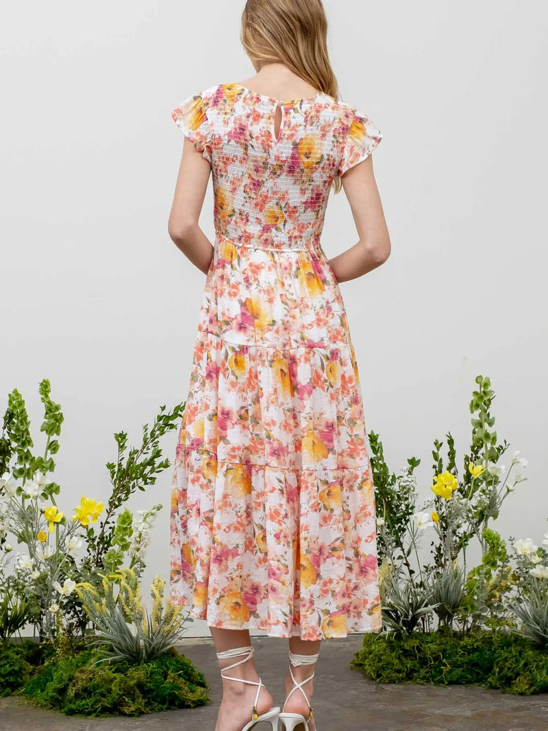 Round Neck Floral Dress - Ivory