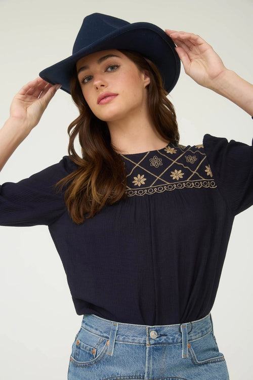 Embroidered Yoke Blouse Navy