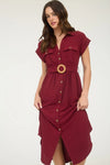 Collared Button Down Belted Midi Dress