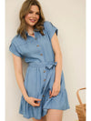 Chambray Ruffle Hem Belted Mini Shirt Dress