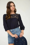 Embroidered Yoke Blouse Navy