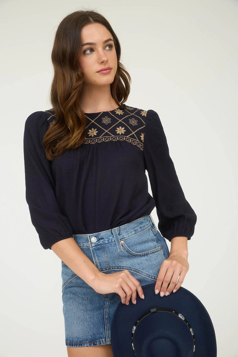 Embroidered Yoke Blouse Navy