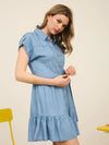 Chambray Ruffle Hem Belted Mini Shirt Dress