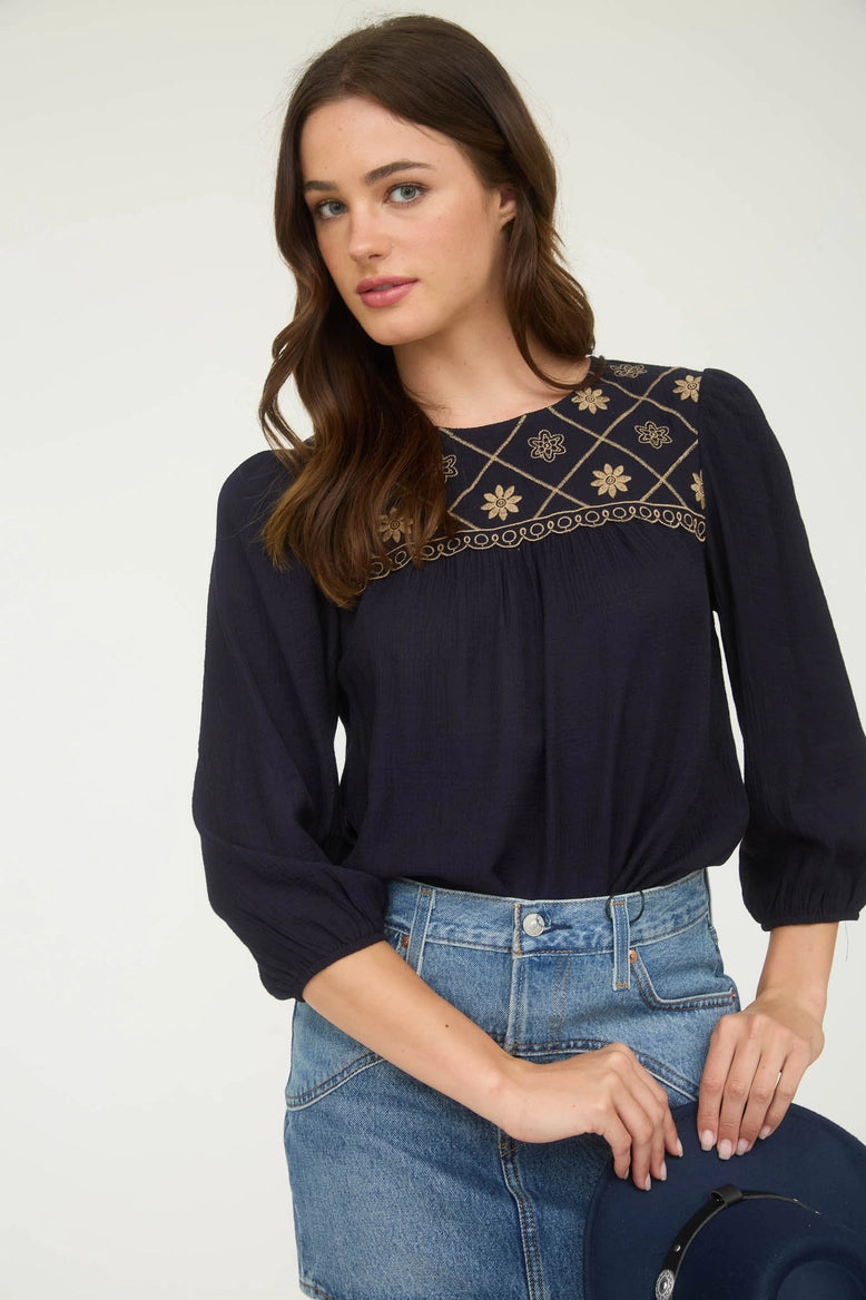 Embroidered Yoke Blouse Navy
