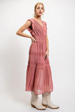 Back Tie Pleated Midi Dress - Rose