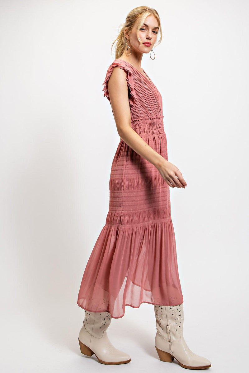 Back Tie Pleated Midi Dress - Rose